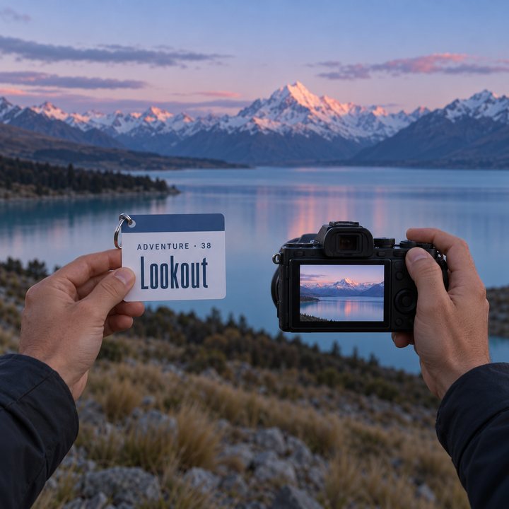 Hands holding a camera at the Lake Pukaki lookout after sunset, with Aoraki / Mount Cook in the distance; in the other hand the Lookout sheet