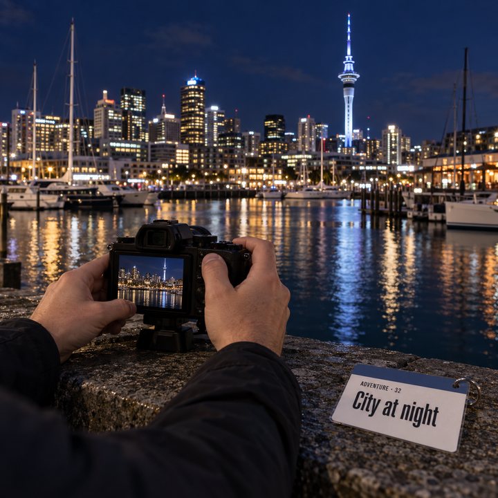 Hands steadying a camera on a waterfront wall, with the Sky Tower and the Viaduct Harbour lit up across the water, next to the City at night sheet