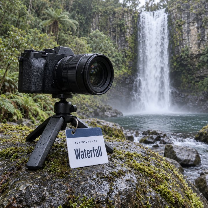 A camera on a mini tripod beside Bridal Veil Falls near Raglan, with the Waterfall sheet leaning against the tripod leg
