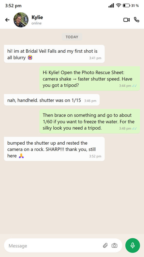 Someone writes that thanks to the Photo Rescue Sheet they fixed a blurry shot on the spot