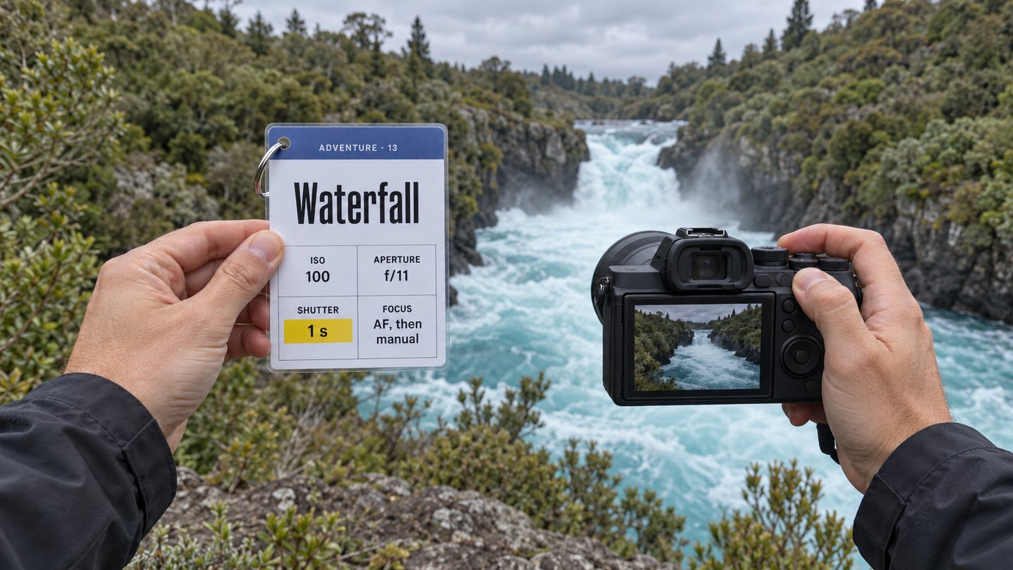 Hands holding a camera in front of Huka Falls, with a Waterfall cheat sheet showing four numbers in the other hand